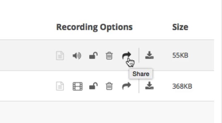 Screenshot of Recording Options icons with mouse hovering over share arrow icon.