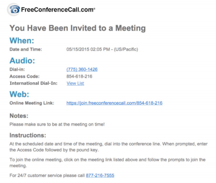 Meeting invite from a FreeConferenceCall.com customer