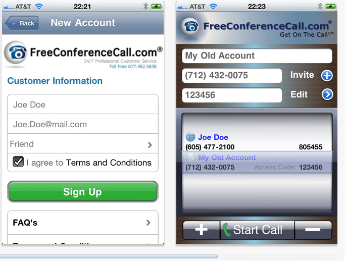 Two screenshots side by side showing the FCC Dialer phone app