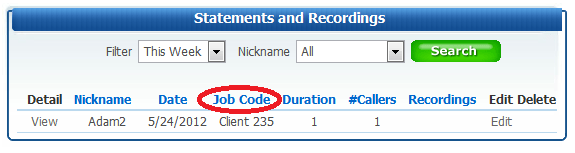 Statements and Recordings box with the words 'job code' circled